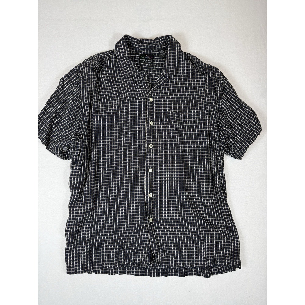 Greg Norman Collection Mens L Navy Plaid Short Sleeve Rayon Linen Shirt